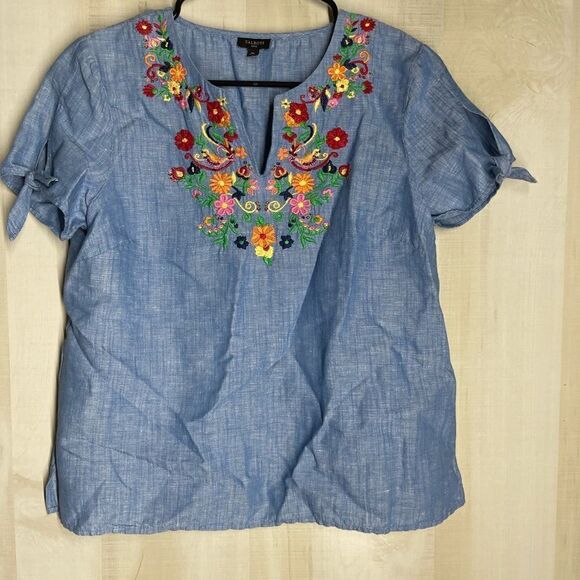 Talbots denim chambray short sleeve‎ embroidered top blouse, size medium petite - Picture 11 of 16